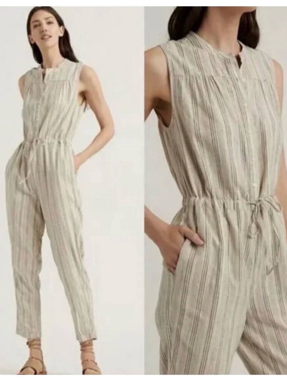 Lucky Brand | Sleeveless Striped Linen-Blend Jumpsuit-Beige-Size S